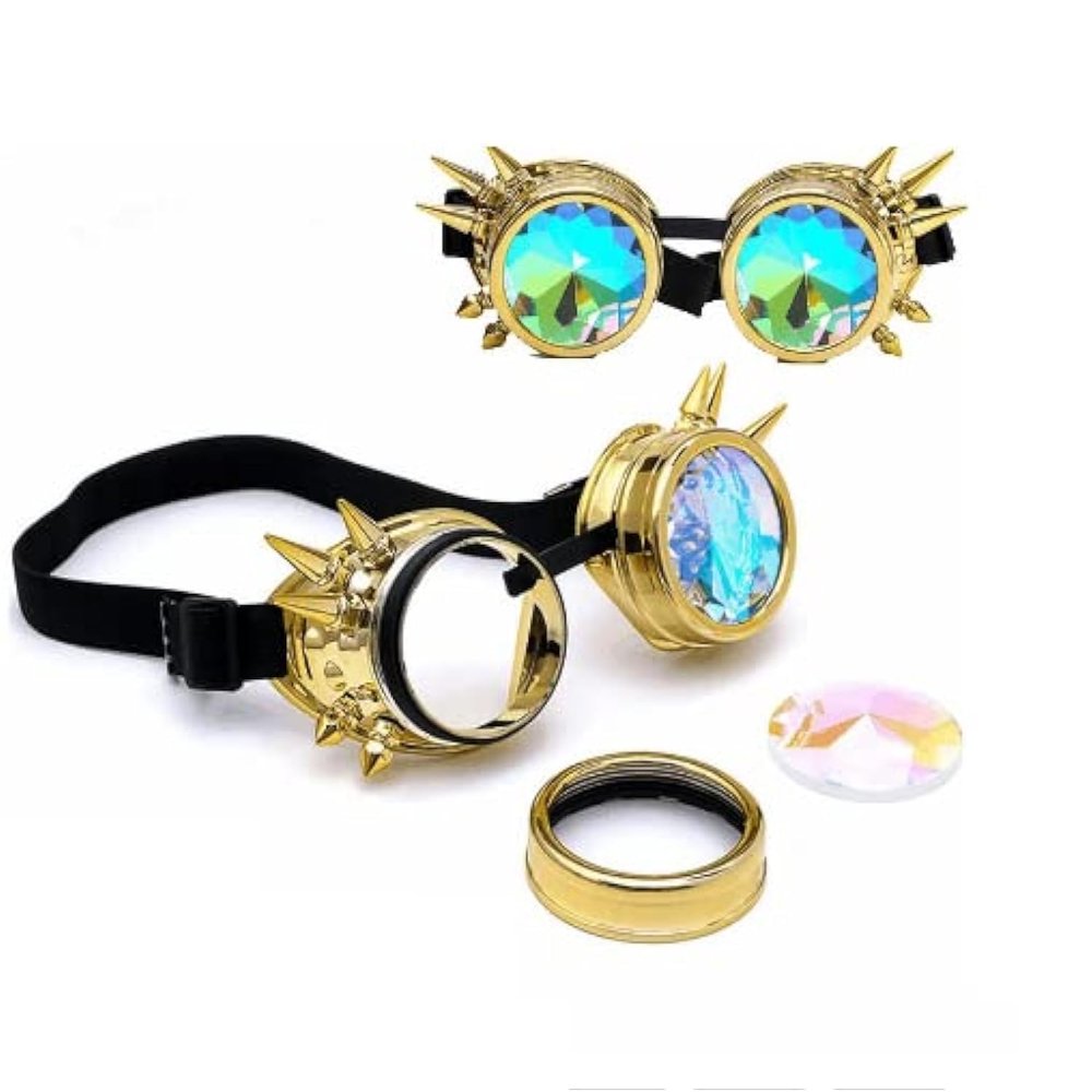 RuiJinGen Kaleidoscope Steampunk Goggles Rave Glasses Rainbow Prism Diffraction EDM Psychedelic Lenses (A14 Gold)