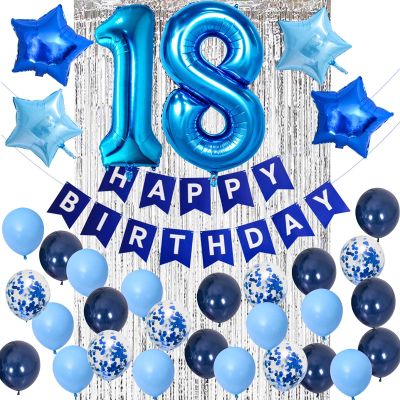 18th Birthday Decoration for Men and Women, Blue Balloons Happy Birthday Banner Metallic Fringe Curtain for 18th Birthday Party Supplies