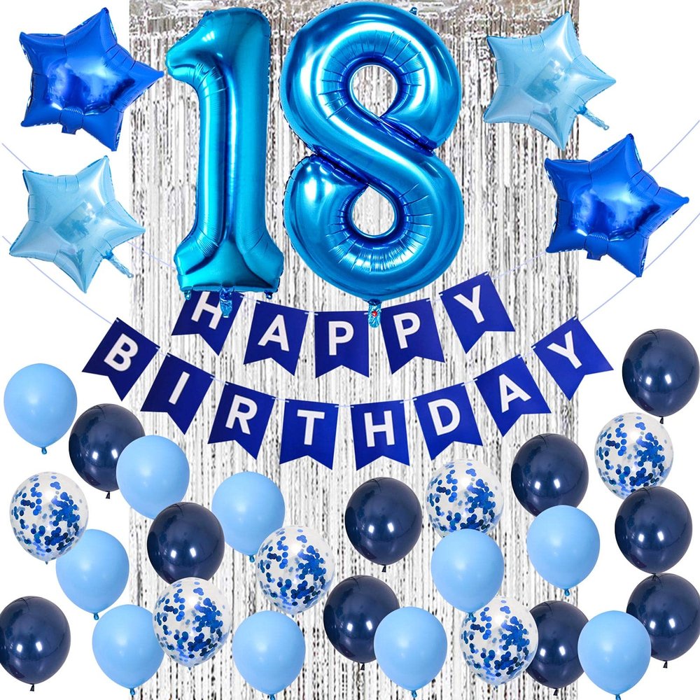 18th Birthday Decoration for Men and Women, Blue Balloons Happy Birthday Banner Metallic Fringe Curtain for 18th Birthday Party Supplies
