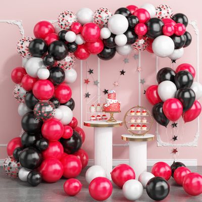 130PCS Red Black White Balloon Garland Arch Kit, 12 10 5 inch Red and Black White Balloons with Confetti Balloons, Latex Party Balloons for Baby Shower Wedding Circus BBQ Casino Poker Cars Decoration