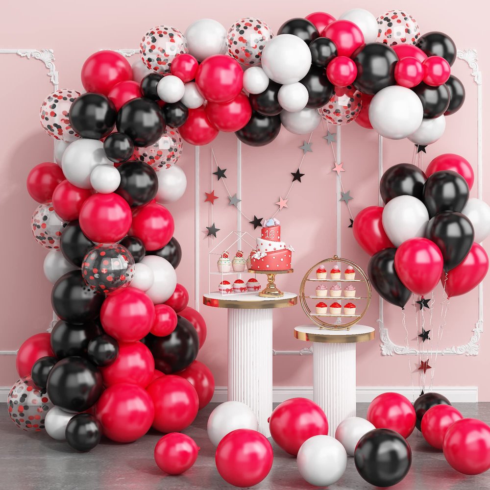 130PCS Red Black White Balloon Garland Arch Kit, 12 10 5 inch Red and Black White Balloons with Confetti Balloons, Latex Party Balloons for Baby Shower Wedding Circus BBQ Casino Poker Cars Decoration