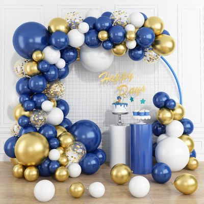 145PCS Navy Blue Gold and White Balloons Garland Arch Kit, 18 12 10 5 inch Navy Blue, White, Metallic Gold and Confetti Balloons Garland, Matte Balloons for Baby Shower, Birthday, Graduation, Wedding