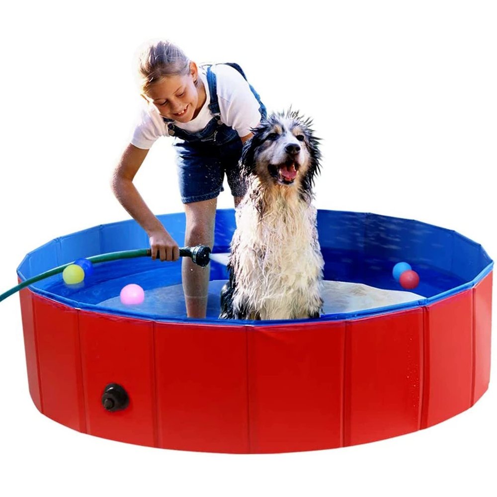 Dog Pool Foldable Dog Paddling Pool Kiddie Pool Dog Swimming Pool PVC Bath Tub Kids Pet Puppy Bathing Tub Portable Wading Pool for Backyard Home Indoor/Outdoor,Red,160x30cm