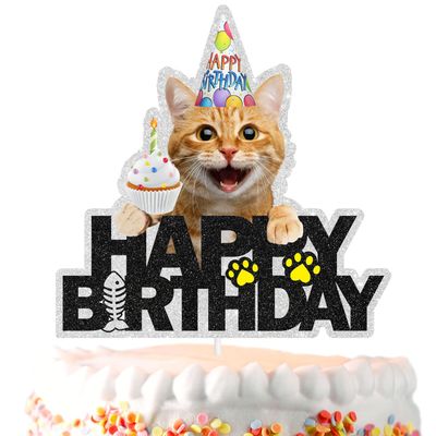 Funny Cat Cake Topper - Orange Happy Birthday Party Decorations Supplies - Cat Lovers Party Decorations for Girls and Boys
