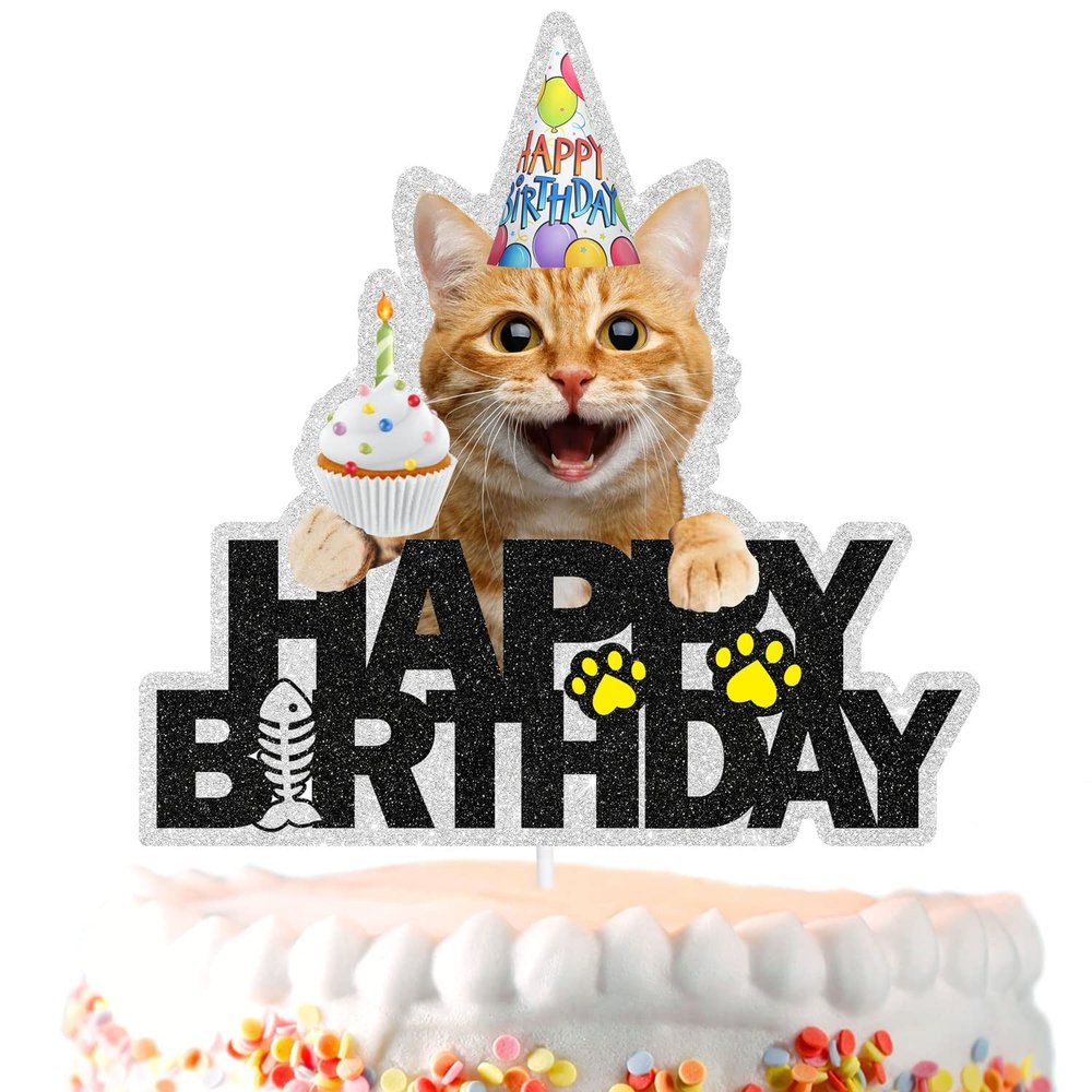 Funny Cat Cake Topper - Orange Happy Birthday Party Decorations Supplies - Cat Lovers Party Decorations for Girls and Boys