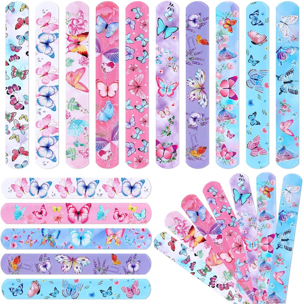 Deekin 48 Pcs Butterfly Slap Bracelets Butterfly Party Favors Wristbands Toys Soft PVC Safe Snap Bands Birthday Decorations Supplies Class Prize Exchanging Gifts 12 Styles