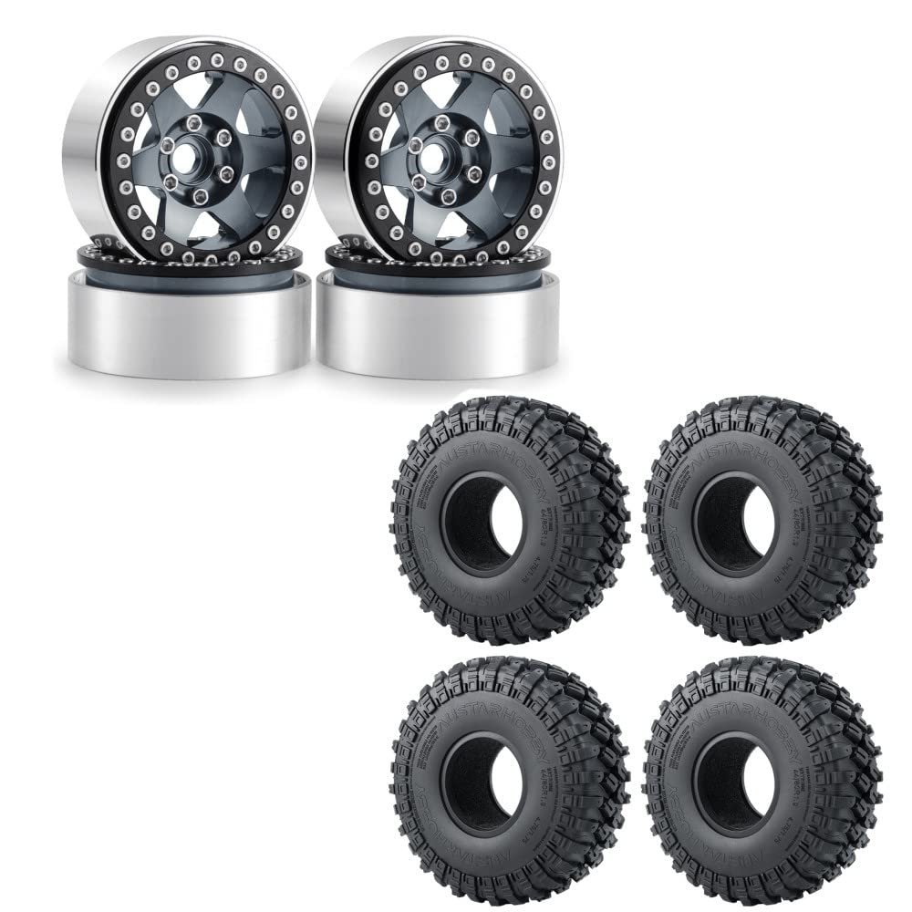 RCLIONS 4pcs Aluminum Alloy 1.9" Beadlock Wheels Rims with 123mm Tires for 1/10th RC Crawler Car