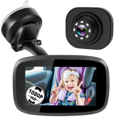 1080P Baby Car Mirror, Shybaby 4.3" Baby Car Camera Monitor with 170 Wide View, HD Night Vision Function and Reusable Sucker Bracket, Safety Rear Facing Cars Set Camera for Infants Kids Toddlers