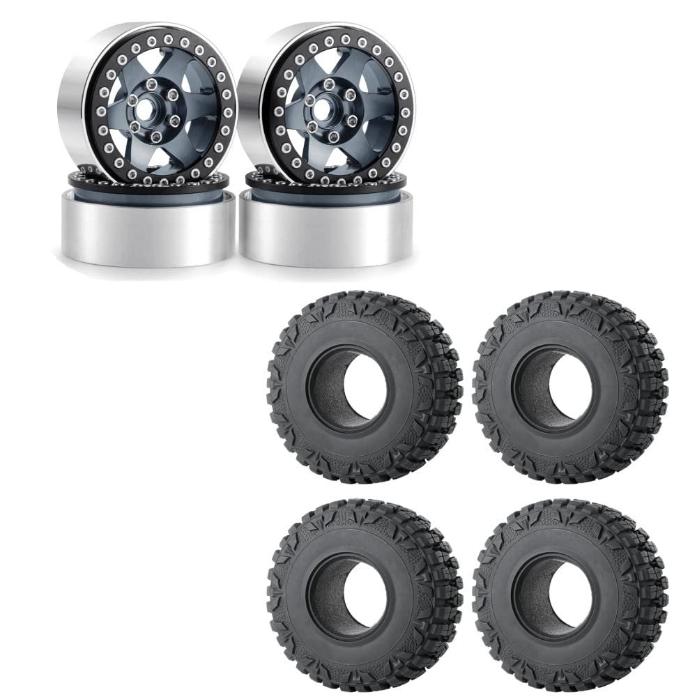 RCLIONS 4pcs Aluminum Alloy 1.9" Beadlock Wheels Rims with Rubber Tires for 1/10th RC Crawler Car