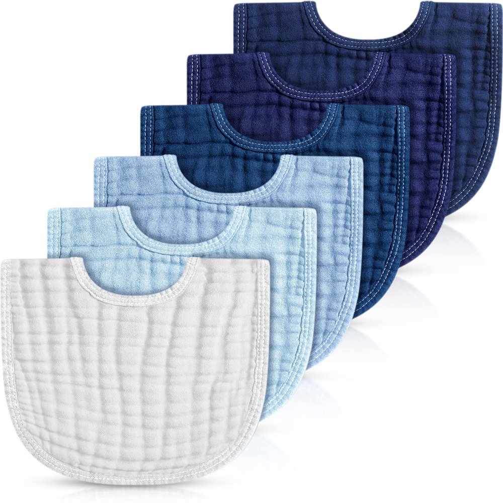 Frienda 6 Pcs Muslin Bibs Burp Cloths for Baby Teething Bandana Bibs 6 Absorbent Layer for Baby Boy Girl Cotton Burping Cloth(Blue Series)