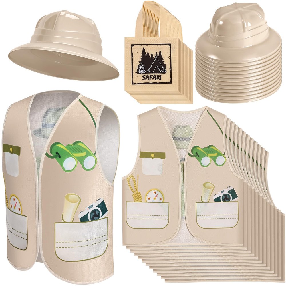 Haysandy 36 Pcs Explorer Costume Set Include Plastic Explorer Hats Jungle Party Vest Safari Tote Bag for Kids Outdoor Activity Jungle Costume Party Supplies Favors Halloween Birthday