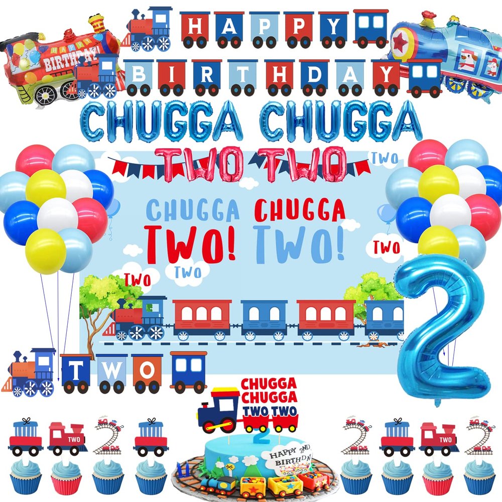 Chugga Chugga Two Two Party Decorations - Train 2nd Birthday Cake Topper & Supplies