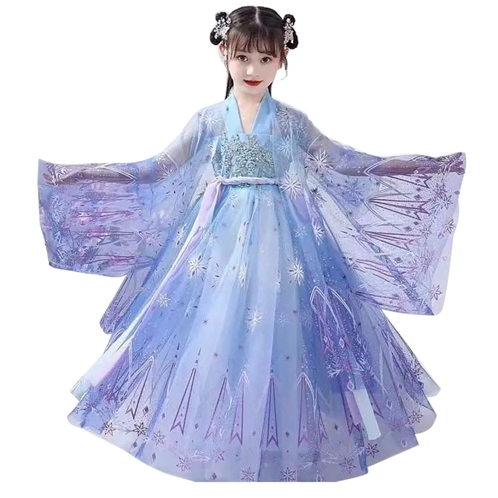 Orihan 3pcs Set Chinese Traditional Dress for Kids Ancient Costume Elsa Princess Hanfu Dress with Big Sleeve Coat (8t,Blue)