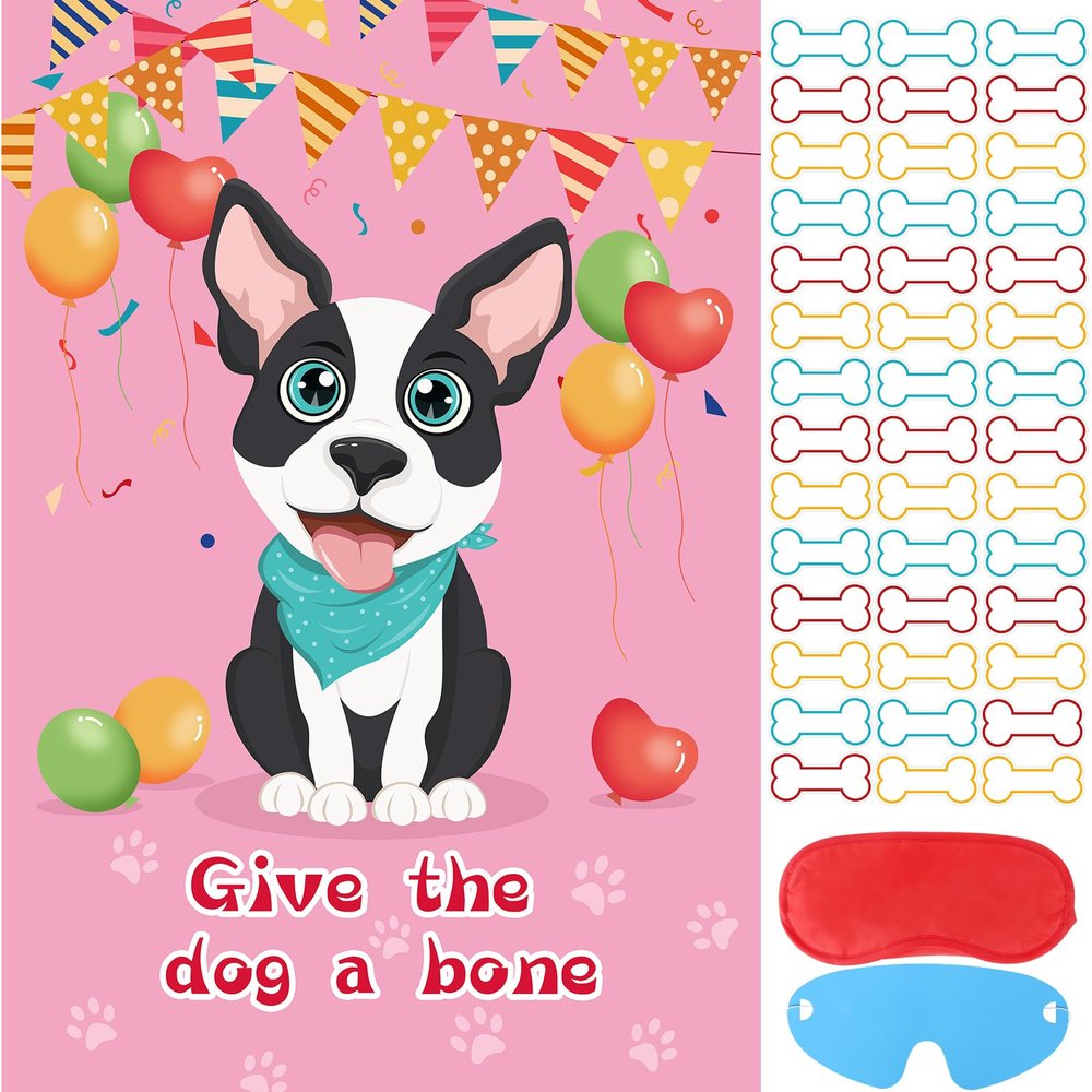 Hooqict Pin The Bone on The Dog Party Game for Kids Birthday Party Games Dog Themed Birthday Supplies Puppy Party Favors for Boys Girls, Large Pin The Tail Poster with 48 Bone Stickers