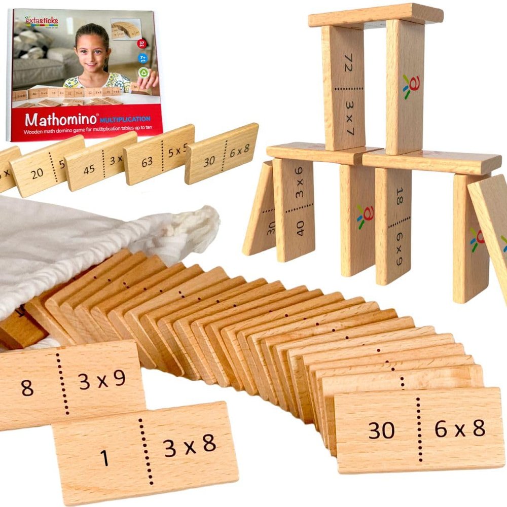Extasticks Multiplication Domino Math Game | Wooden Educational Algebra Toy | Learning Times Tables Dominoes for Classroom, Homeschooling 3rd 4th Grade MATHOMINO