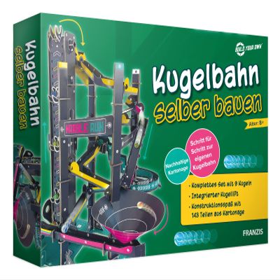 FRANZIS 67173 Build Your own Marble Run, Construction Fun with 143 Pieces Made of Cardboard, Complete Set with 9 Balls, for Children from 8 Years