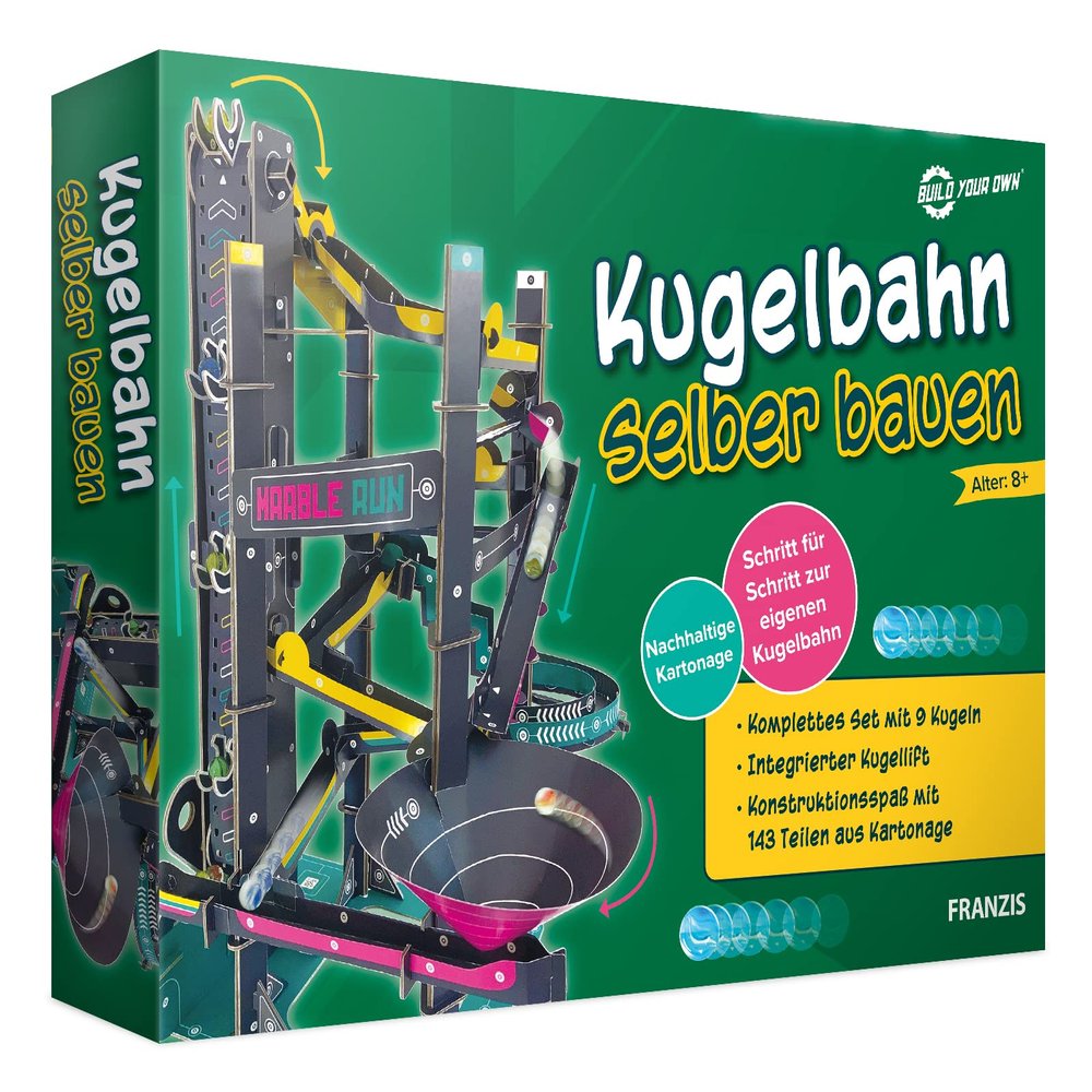 FRANZIS 67173 Build Your own Marble Run, Construction Fun with 143 Pieces Made of Cardboard, Complete Set with 9 Balls, for Children from 8 Years