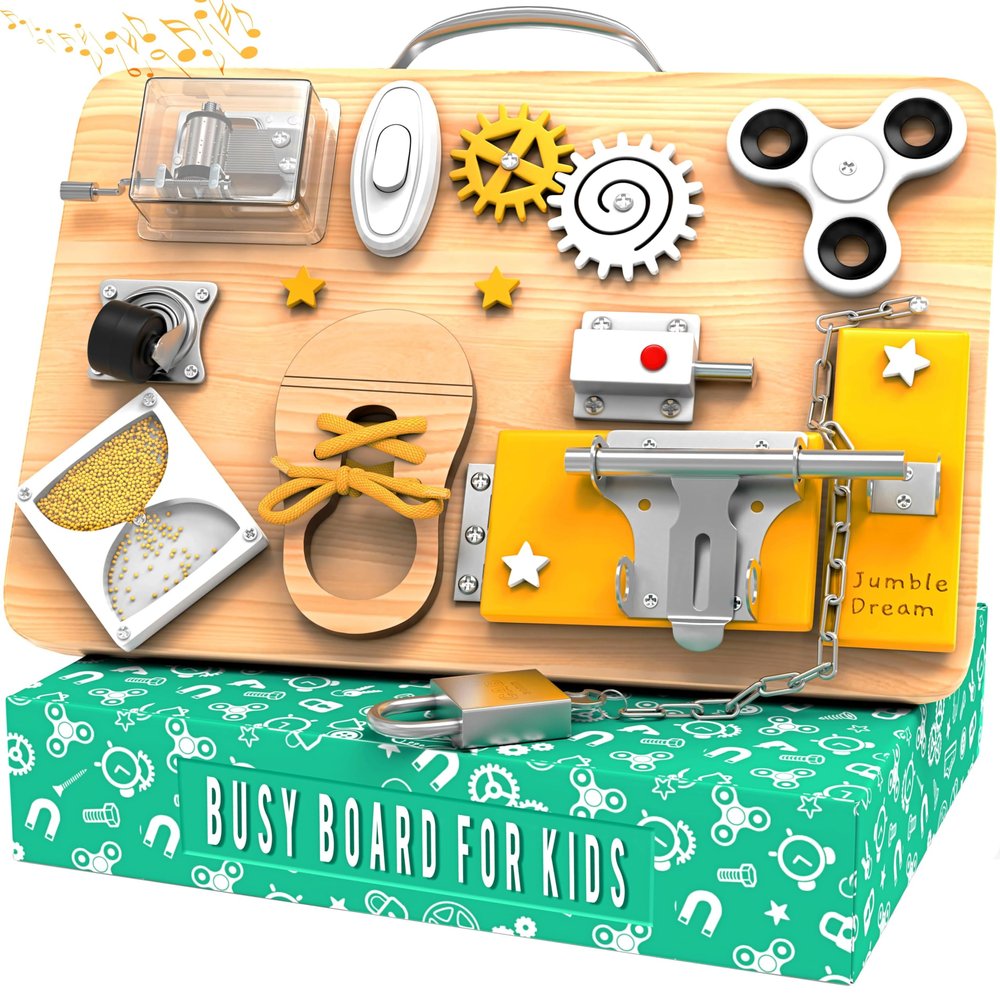 Jumble Dream Wooden Busy Board Montessori Toys for Toddlers and Educational Sensory Busy Board Autism Products & ADHD Activity Board for Learning - Kids Travel Toys for Toddlers Age 1 2 3 4 Years