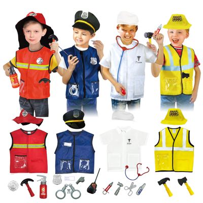 Lesheng space 4 Sets Dress Up Clothes for Kids, Pretend Dress Up Trunk of Firefighter costume/Doctor/Policeman/Construction Worker Role Play Set with Realistic Accessories