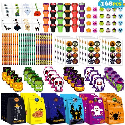 OCHIDO Halloween Party Favors for Kids-168pcs Stationery Gift Kit,Halloween Goodie Bags Fillers Bulk,Trick Or Treat , Halloween Bag,Pencil, Eraser, Notepad, Stamper, Sticker and Temporary Tattoos