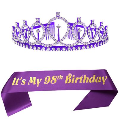 Dgasin 98th Birthday Party Supplies Women Happy 98th Birthday Sash and Birthday Tiara Cystal Princess Crowns Birthday Decorations Favors Gift