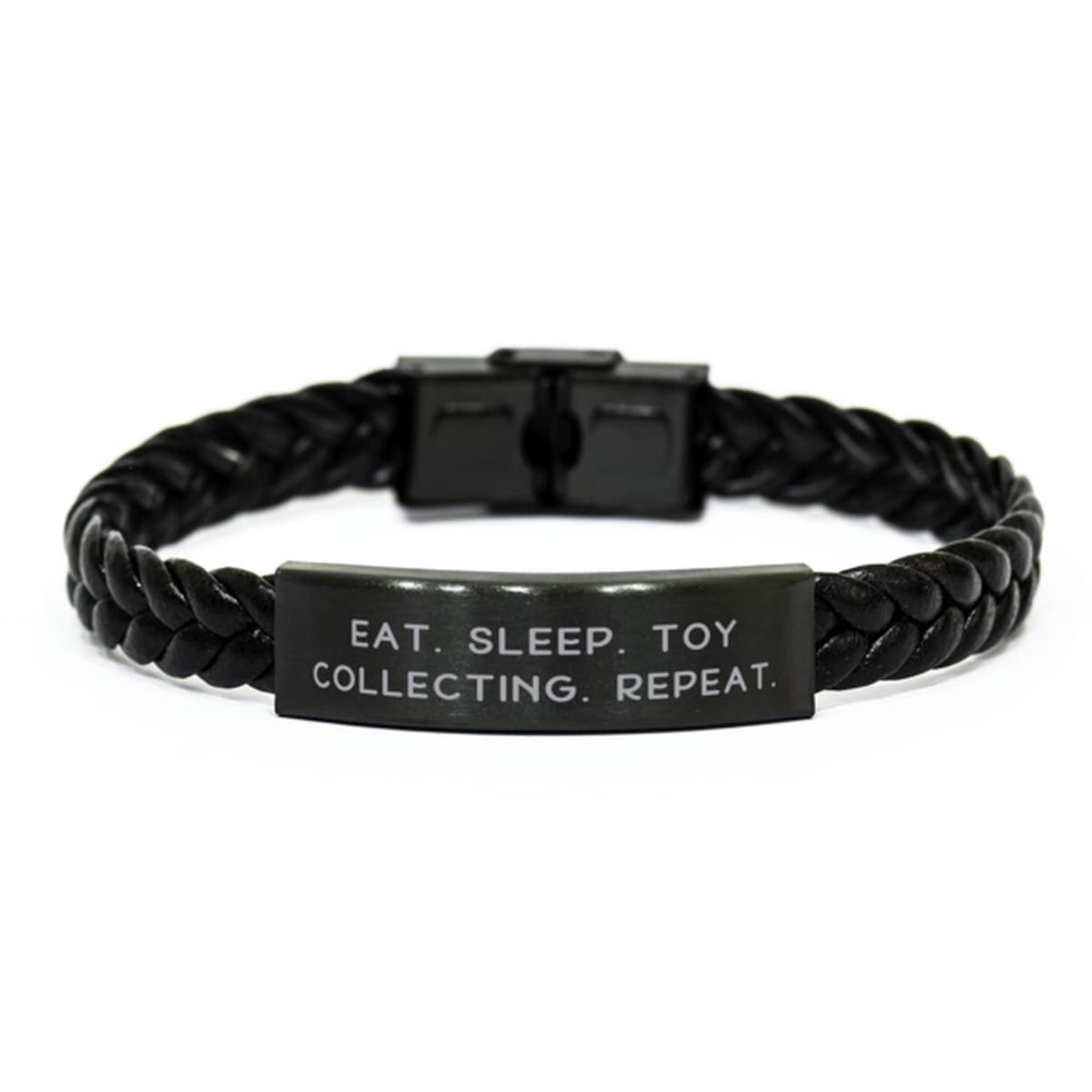 Eat. Sleep. Toy Collecting. Repeat. Braided Leather Bracelet, Toy Collecting Present from, Unique Idea for Friends