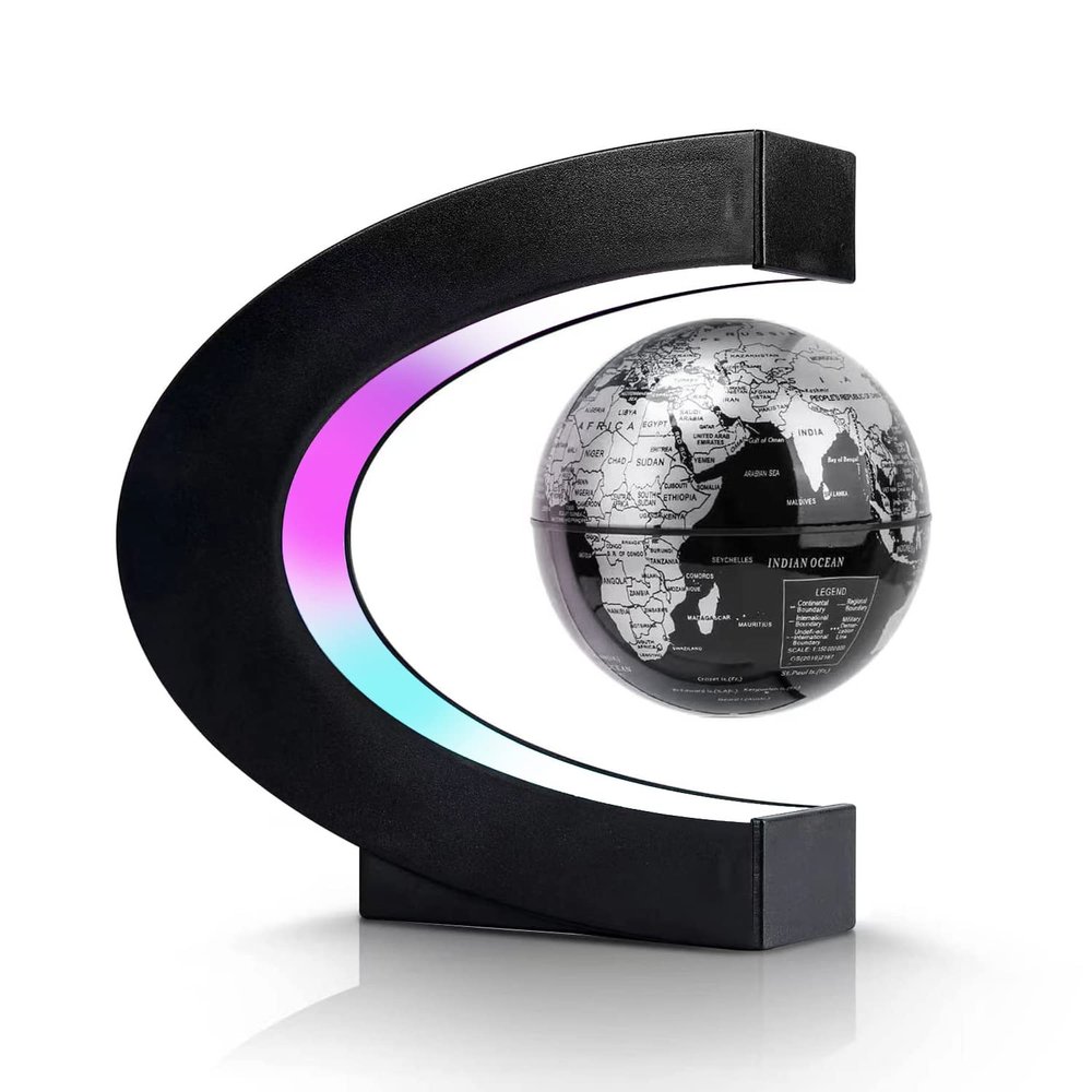 Flagest Magnetic Levitation Floating Globe, Levitating C Shape Silver Black Globe with LED Lights for Education Home Office Desk Decor, Holiday Anniversary Creative Gift(3.3 Inches Sphere)