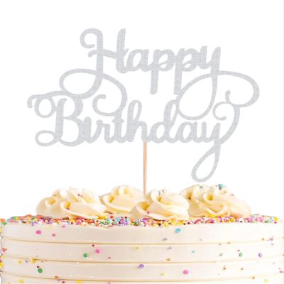 AHAORAY Silver Glitter Birthday Cake Topper - Eco-Friendly Cardboard Cake Bunting Decor, 1 Piece, for Birthday Party Decoration Supplies