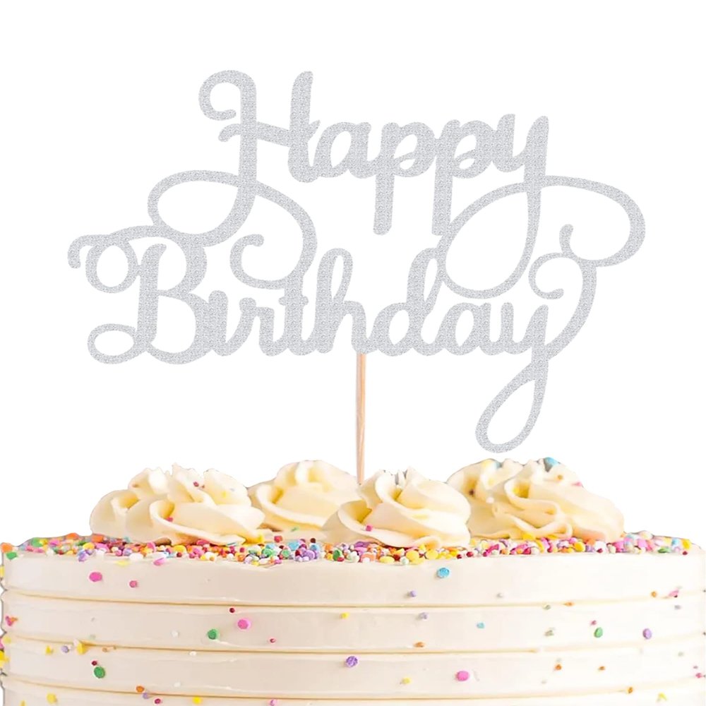 AHAORAY Silver Glitter Birthday Cake Topper - Eco-Friendly Cardboard Cake Bunting Decor, 1 Piece, for Birthday Party Decoration Supplies