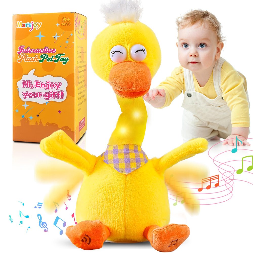 Marsjoy 13" Talking Dancing Duck, Repeating What You Say Mimicking Recording Plush Baby Toy Musical English Song Singing Talking Glowing Animated Twisting Gift of Lighting Up Toy for Boy Kid