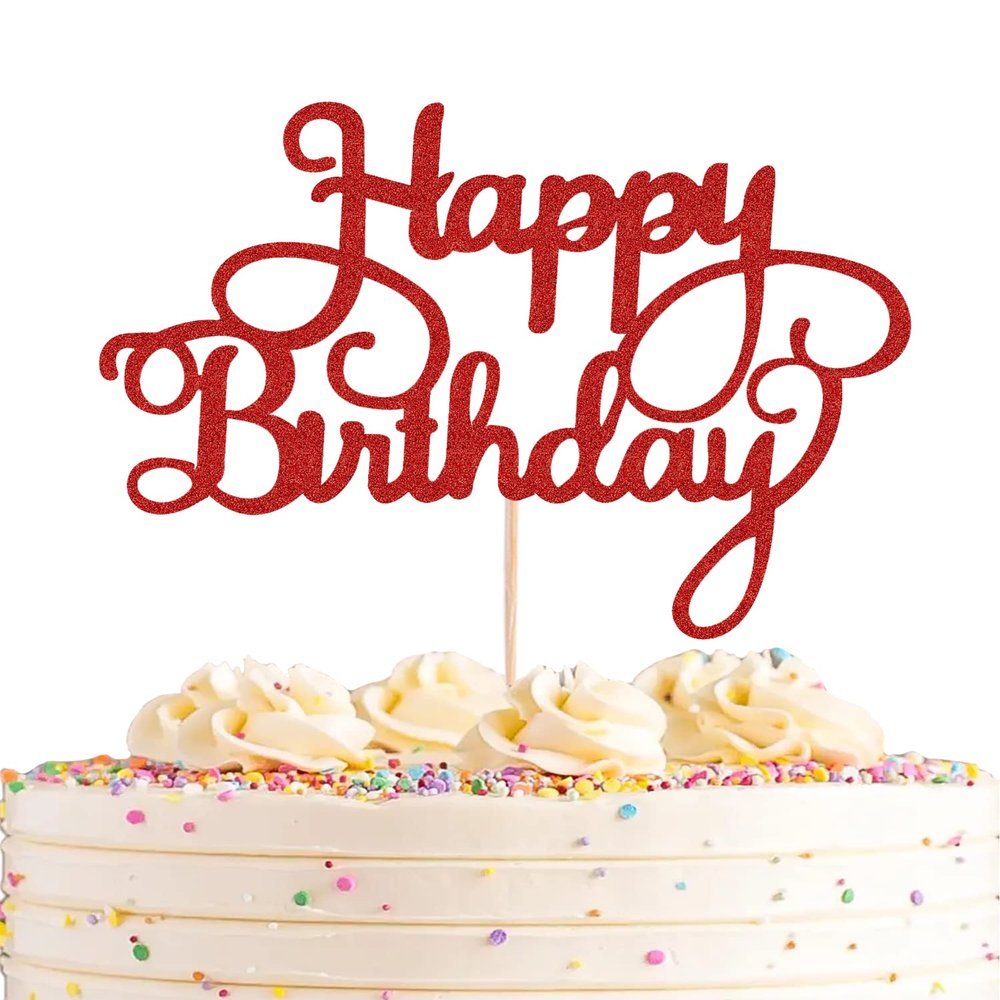 AHAORAY Happy Birthday Cake Topper - Red Glitter Happy Birthday Cake Bunting Decor - Anniversary Party Cake Decoration Supplies, for Photo Booth Props