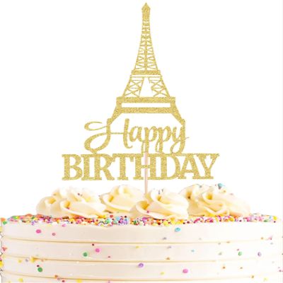 AHAORAY Eiffel Rower Birthday Cake Topper - Gold Glitter Eiffel Rower Theme Birthday Party Cake Decoration Supply - Boy or Girl Architecture Theme Party Cake Decor Photo Prop