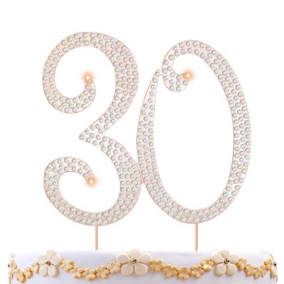 30 Cake Topper 30th Anniversary Birthday Wedding Diamond Cake Topper for Women Bling Rhinestone Cake Decoration Party Supplies Keepsake, Rose Gold