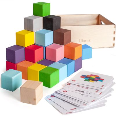 Ulanik Small Colored Cubes Toddler Montessori Toys for 3 Year Old + Kids Wooden Building Blocks Game for Learning Color Sorting and Counting 40 pcs, 1.2 in