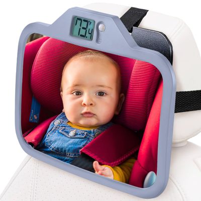 Theromirror - Baby Car Mirror with Temperature Display, Rear Facing Car Seat Mirror, Newborn Essentials, Wide Angle (Gray)