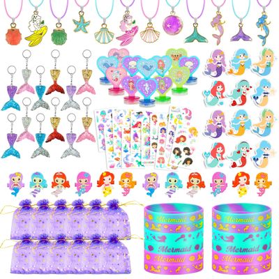 BANBALLON 90 PCS Mermaid Party Favors for Girls - Mermaid Birthday Supplies with Bracelets, Necklaces, Rings, Keychains, Tattoo Stickers, Post-it Notes & Goodie Bags