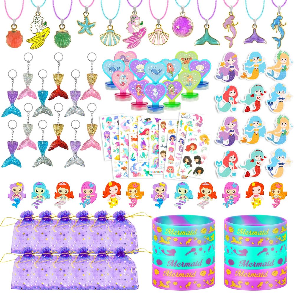 BANBALLON 90 PCS Mermaid Party Favors for Girls - Mermaid Birthday Supplies with Bracelets, Necklaces, Rings, Keychains, Tattoo Stickers, Post-it Notes & Goodie Bags