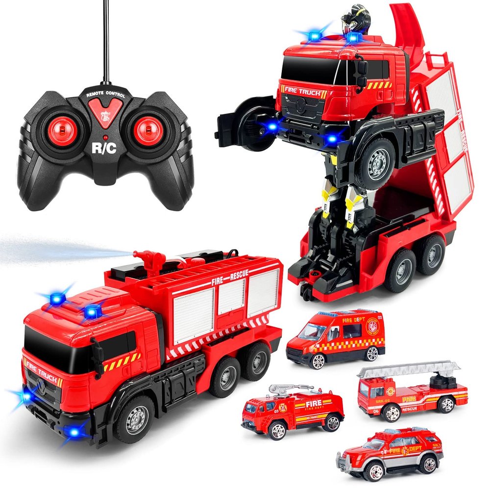 Grarain Remote Control Fire Truck with LED Sounds, RC Car Toy with 3pcs Small Firetrucks and 10pcs Roadblock Models, One Button Press Spraying Water Transformer Fire Truck for Kids Toddlers Boys