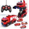 Grarain Remote Control Fire Truck with LED Sounds, RC Car Toy with 3pcs Small Firetrucks and 10pcs Roadblock Models, One Button Press Spraying Water Transformer Fire Truck for Kids Toddlers Boys view 1