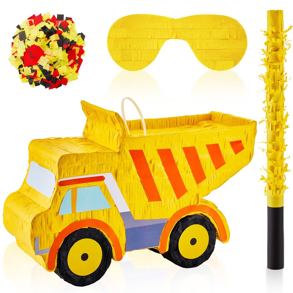 Lewtemi Construction Dump Truck Piata with Blindfold and Bat Confetti Construction Party Supplies Tractor Excavator Piata for Kids Boy Construction Truck Birthday Decor