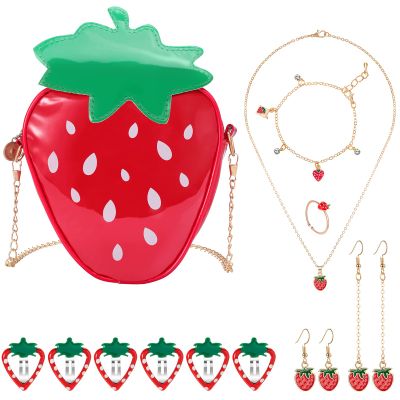 Strawberry Crossbody Bag Jewelry Set for Women Teen Girls, Strawberry Purse Cute Fruit Necklace Bracelet Earrings Ring Hair Clips Set Princess Dress up Pretend Play Jewelry Gifts