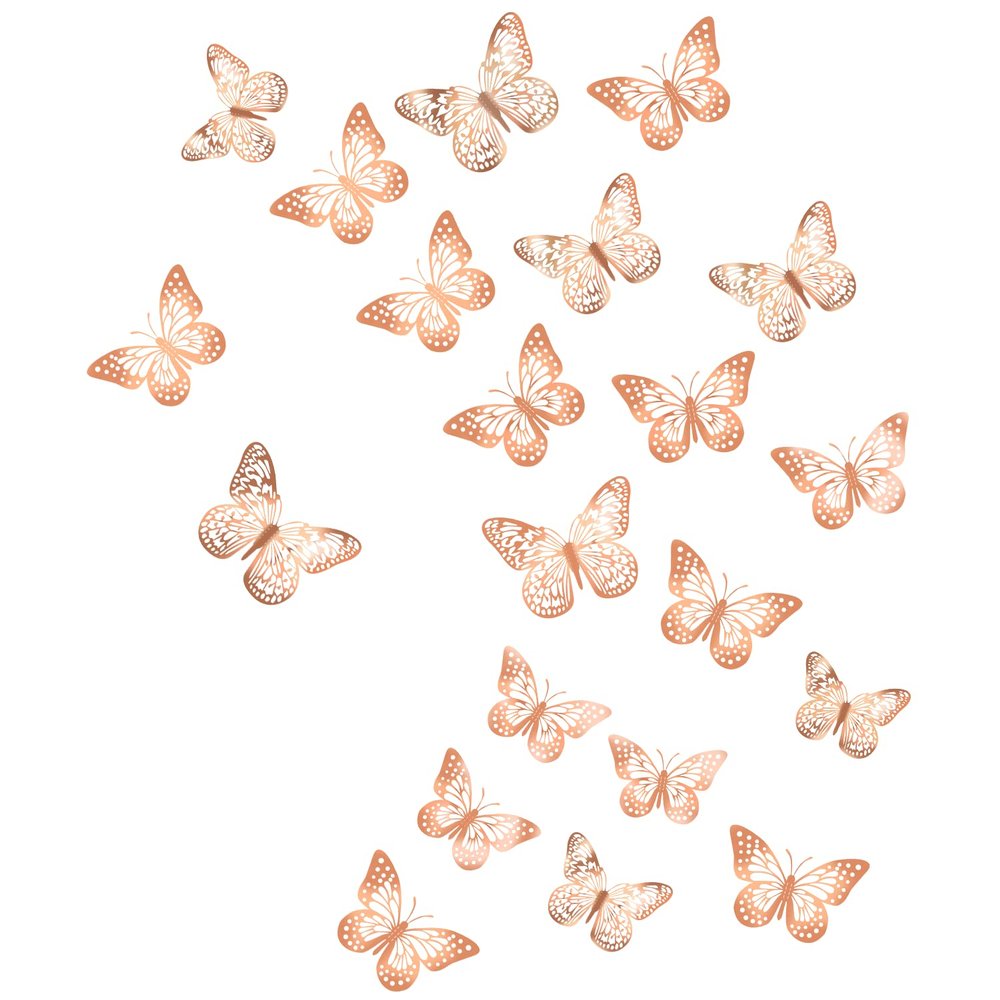 3D Butterfly Wall Stickers Removable Mural Decor, 24pcs 2styles 3 Sizes Rose Gold Butterfly for Bedroom Baby Girl Boy Room Kitchen Birthday Party Classroom Wedding Cake Decoration DIY Gift(Rose Gold)