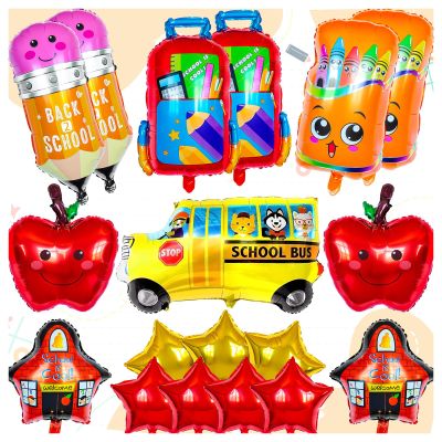 20 Pcs Back to School Balloons, Colorful School Bus Balloons Pencil Apple Crayon Foil Mylar Balloon for Party Decorations Supplies