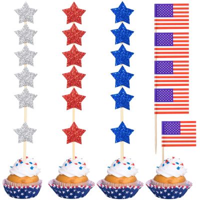 220 Pcs American Flag Patriotic Cupcake Toppers 4th of July Double Sides Glitter Star Cupcake Toppers Cake Toppers Picks Independence Day Cupcake Party Decorations Supplies Favors, Blue Red Silver