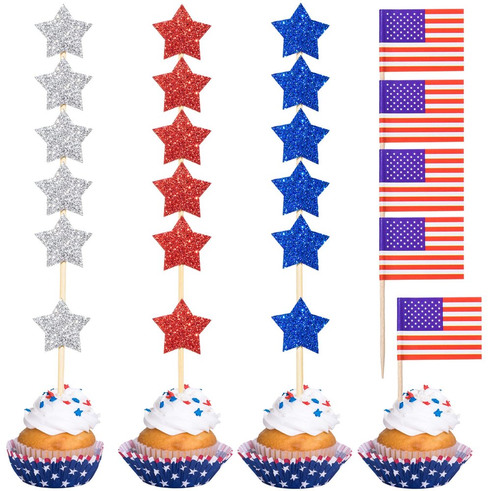 220 Pcs American Flag Patriotic Cupcake Toppers 4th of July Double Sides Glitter Star Cupcake Toppers Cake Toppers Picks Independence Day Cupcake Party Decorations Supplies Favors, Blue Red Silver