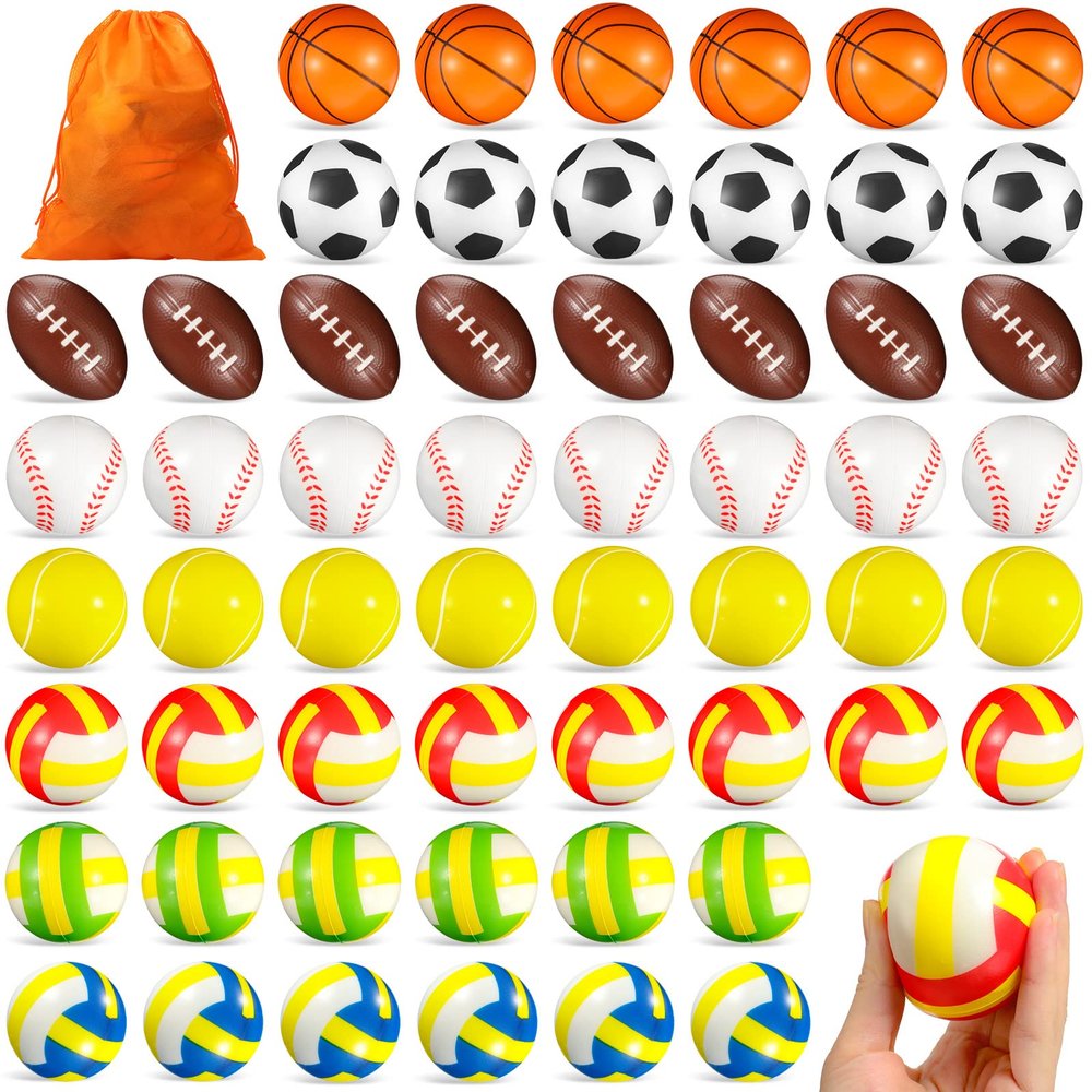 HyDren 96 Pieces Sports Stress Balls Mini Foam Sport Ball Squeeze Toy Include Storage Bag Basketball Football Baseball Soccer Tennis Volleyball for Stress Relief, Relaxation Party Favor for Boys Girls
