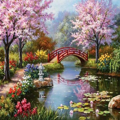 1000 Pieces Jigsaw Puzzle for Adults, Park Cherry Blossom Bridge Wooden Jigsaw Puzzle, Exercise Memory Relieve Stress Game Jigsaw Puzzle Family Activities Decompression Gifts