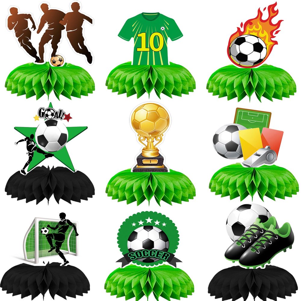 9pcs Soccer Birthday Party Decorations - Honeycomb Centerpieces with 3D Football Theme, Party Supplies for Boys' Kids Birthday Party