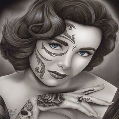 Liz by Big Ceeze Mexican Latina Pin Up Girl Tattoo Airbrush Day of the Dead Gallery Quality Paper or Canvas Fine Art Print (Gallery Quality Paper, C: 19.32" x 24.15")