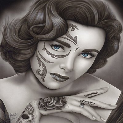 Liz by Big Ceeze Mexican Latina Pin Up Girl Tattoo Airbrush Day of the Dead Gallery Quality Paper or Canvas Fine Art Print (Gallery Quality Paper, C: 19.32" x 24.15")
